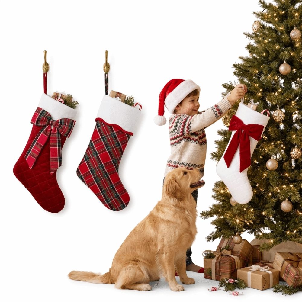 Christmas Stocking Hanging - Meia de Natal xadrez com laço,