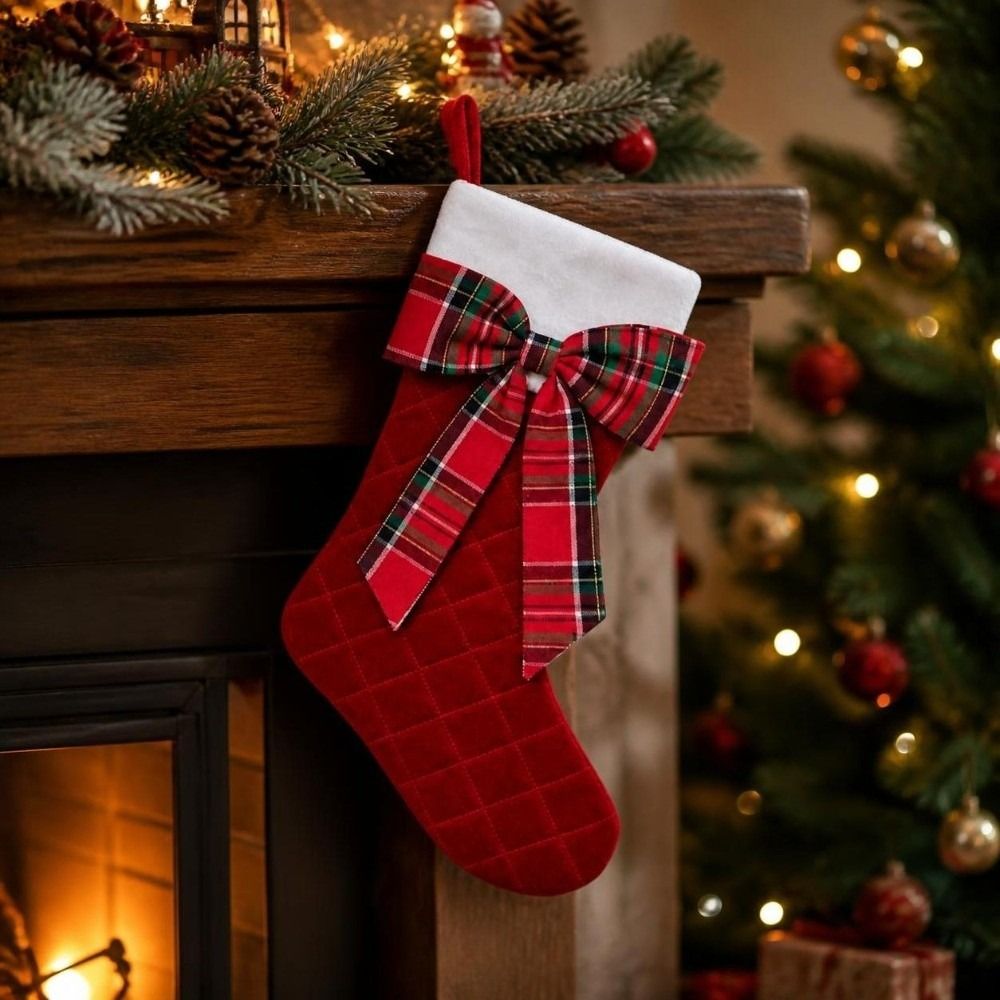 Meia de Natal xadrez com laço, - Christmas Stocking Hanging avaliação e preço